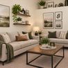 Staged living room with neutral sofas and floating shelves