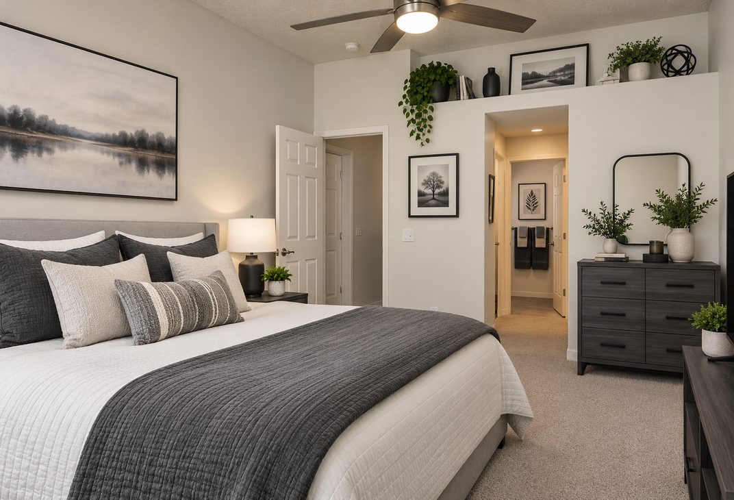 Staged primary bedroom with ceiling fan and dresser